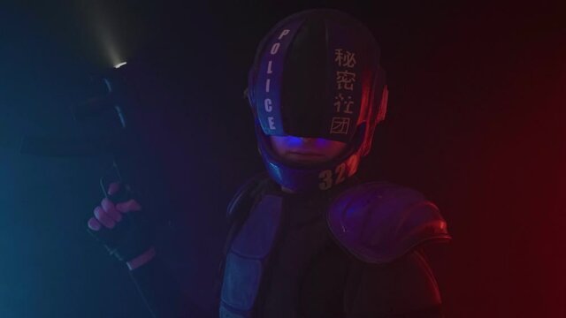 Cyberpunk concept, future world. Police officer cop, halfman bionic cyborg or android holds weapon gun with lantern is in dark in smoke. Science fiction scene, fantasy, sci. Portrait. Red blue light