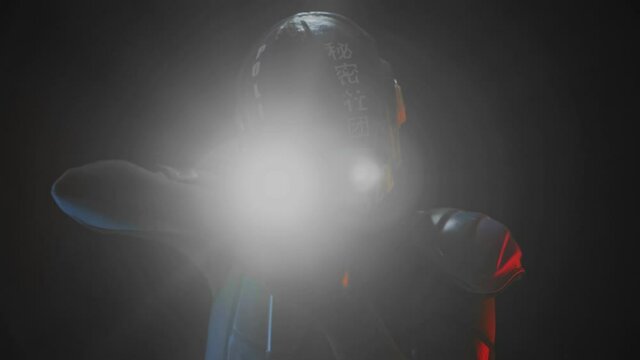 Cyberpunk concept, future world. Police officer cop, halfman bionic cyborg or android aims weapon gun with lantern at the camera in dark. Science fiction scene, fantasy, sci. Portrait. Red blue light