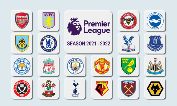 Premier League teams competing in season 2021 - 2022 for illustrative editorial use. Neumorphism style.