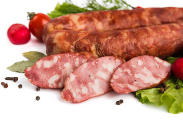 dry-cured salami sausage on a white plate