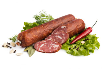 dry-cured salami sausage on a white plate