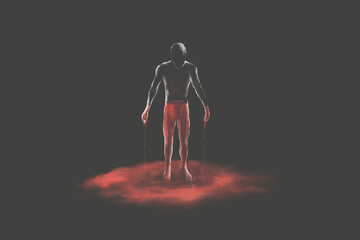 Illustration of man bleeding in a red bloody puddle, surreal dark concept