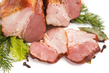 baked smoked piece of meat on a white plate