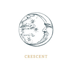 Crescent in engraving style. Vetctor esoteric sign