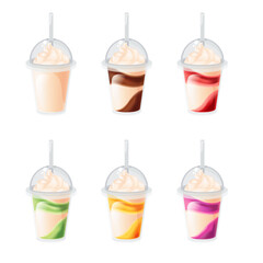 Fruit milk shake set vanilla, strawberries, Cherry, chocolate, orange, kiwi, blueberries on white background