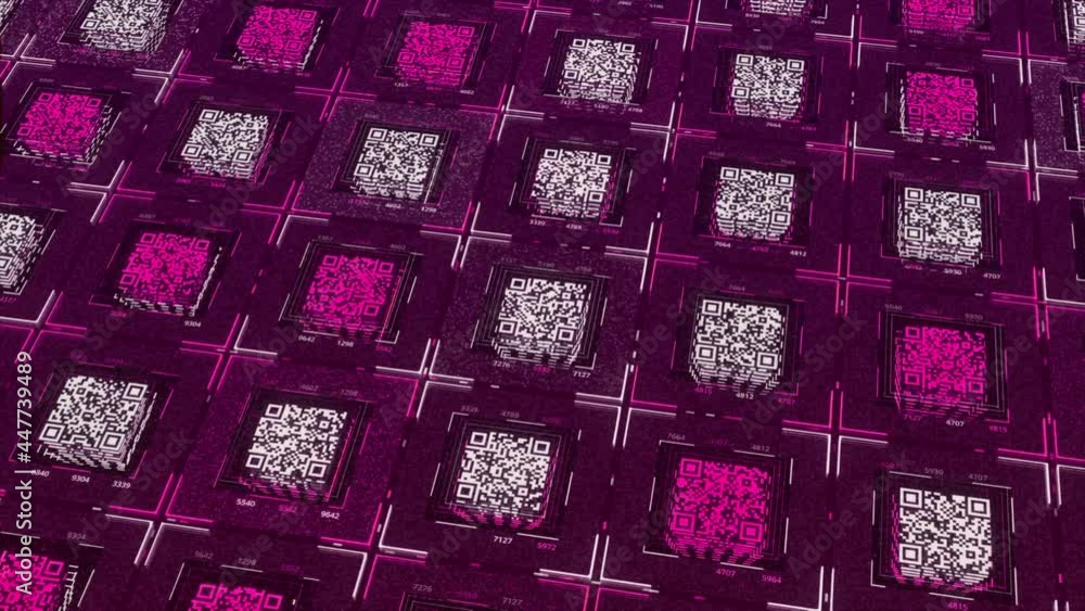 Poster abstract small qr code squares on colorful background, seamless loop. animation. concept of digital 