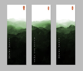 Three banners with green misty landscape in traditional Japanese ink wash painting sumi-e.