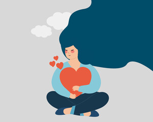 Young woman holds and hugs a big heart. Girl with long hair care a heart with love while sitting. female love and self acceptance, positive mind, inner peace, mental concept. Flat vector illustration
