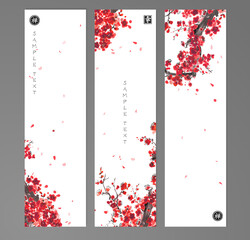 Three banners with sakura flowers on white background. Traditional oriental ink painting sumi-e, u-sin, go-hua. Hieroglyph - happiness, zen © elinacious