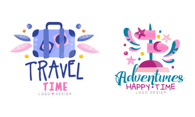 Travel Time Logo Design Set, Adventures Happy Time Hand Drawn Labels Vector Illustration