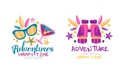 Adventures Happy Time Logo Design Set Labels Badges Vector Illustration