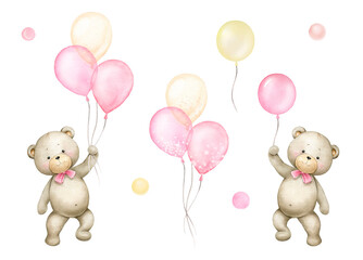 Cute little bears girls with pink and gold air balloons.Watercolor illustration for baby girl shower invitation isolated on white background. - 447742437