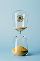 gold bitcoin inside an hourglass. cryptocurrency, money and time