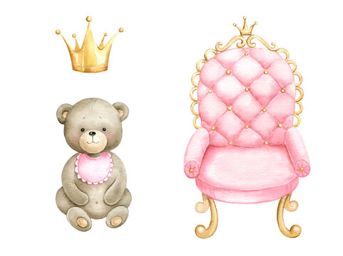 Cute little bear with pink armchair and gold crown.Watercolor illustration for baby girl shower invitation isolated on white background.