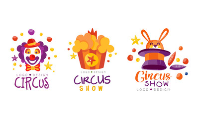 Circus Show Logo Design Set, Carnival, Festival Event Hand Drawn Labels Badges Vector Illustration