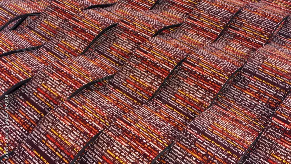 Poster red stripes with the running program code, seamless loop. animation. digital data being written auto
