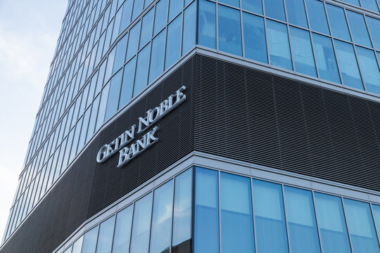 Warsaw, Poland - July 27, 2021: View at Getin Noble Bank logotype on office facade