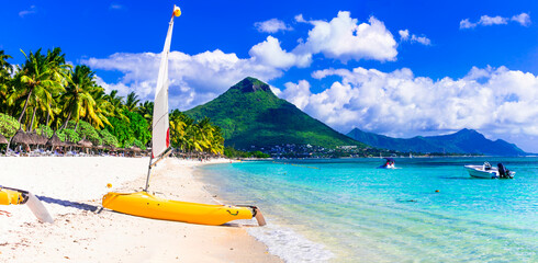 Water sport activities in beautiful tropical beach  in Mauritius island, Flic en Flac , popular...