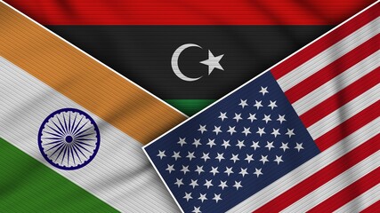 Libya United States of America India Flags Together Fabric Texture Effect Illustration