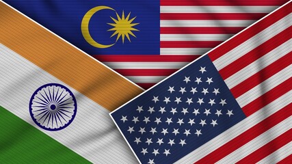 Malaysia United States of America India Flags Together Fabric Texture Effect Illustration