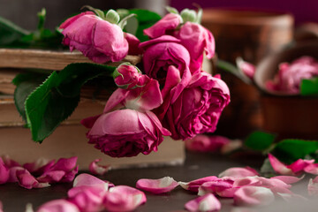 a stack of old books in which roses lie as bookmarks, next to rose petals on a dark background. Vintage card about the love of books and reading. Shabby chic