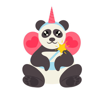 Very cute panda fairy with pink wings rim with horn and magic wand in paw. Design element isolated on white background. Vector illustration for website decoration banners posters clothing postcards