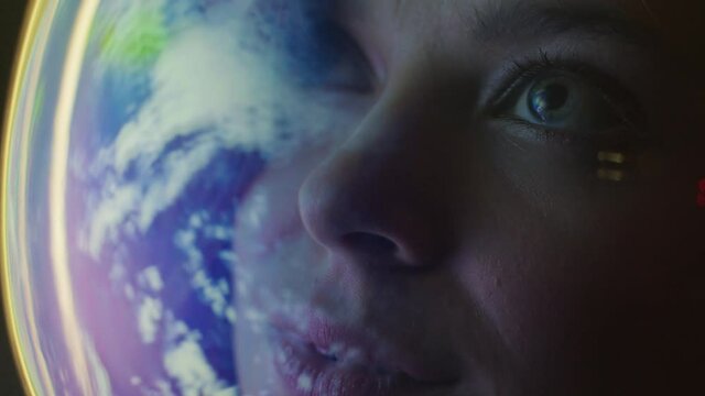 Woman astronaut wearing helmet, earth globe exploration, flight at world planet