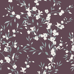 seamless pattern of flowers, branches and leaves