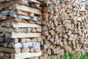 stacked woodpile of birch firewood in nature in the village on a bright summer day. Close-up