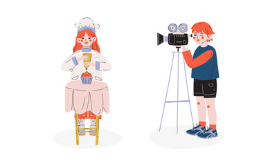 Talented Children Set, Girl Baking Cake, Boy Recording Video with Camcorder, Child Development, Hobby, Education Concept Vector Illustration