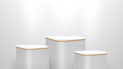 Minimal vector 3d illustration of a podium, stand, stage, made in light colors. With a light source on top. Three rectangular podiums with rounded corners.