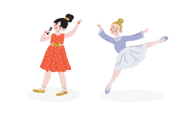 Talented Children Set, Girls Singing and Dancing, Child Development, Hobby, Education Concept Vector Illustration