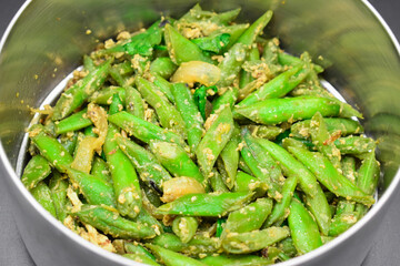Asian, Myanmar or Burmese green bean curry recipe. Top view.