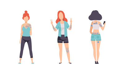Tattooed or Inked Woman in Standing Pose Vector Set