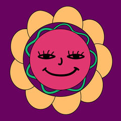 hippie flower with a face and a smile. Vintage vector flower of the 60s and 70s. Hippie flower for decorative design. The modern art of isolated vector graphics. Vintage floral color background.