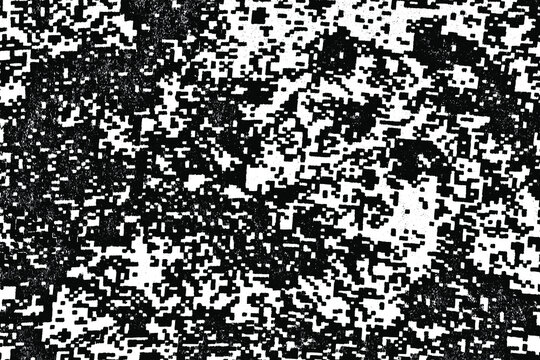 Grunge texture of rough rough camouflage black and white fabric. Rough background with spots, like tetris. Vector illustration. Overlay template © Natalya