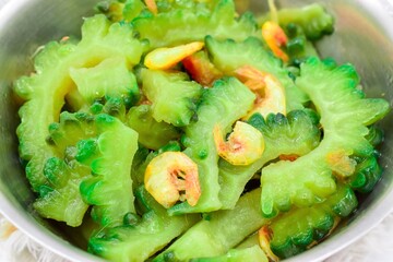 Southeast Asian, Myanmar or Indian traditional bitter gourd (Karela) and small shrimp curry.