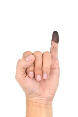 Blue ink mark in finger of man. Sign of voting in Myanmar election.