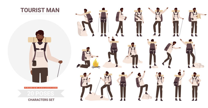 African american black man tourist traveler adventure poses vector illustration set. Cartoon bearded young male hiker character backpack posing tourism activity, traveling, hiking climbing isolated