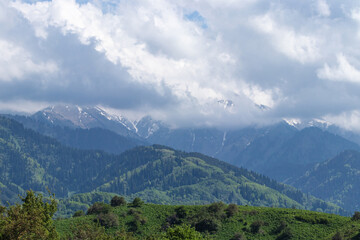 Green hills and clouds covering the peaks of the snow-capped mountains