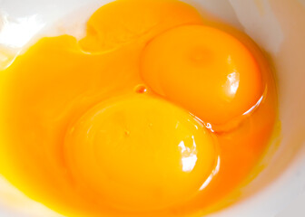 Eggs ' yellow yolks in white bowl.