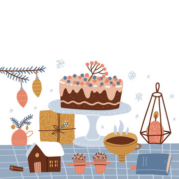 Winter homely concept with homemade cake for Christmas or New Year. Xmas celebration flat vector illustration. Side view table surface with cozy elements - cup of tea, gift box, book and candle.