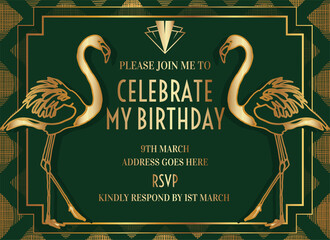 Vintage Art Deco Style Party Invitation Design with Flamingo © csiling