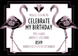 Vintage Art Deco Invitation Design with Flamingo