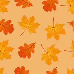 Autumn seamless pattern. Seamless pattern with oak and maple leaves. Vector illustration