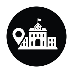 University, location icon. Black vector graphics.