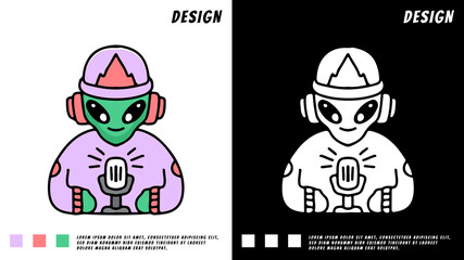 cute hype alien podcast, illustration for t-shirt, poster, sticker, or apparel merchandise. With cartoon style.