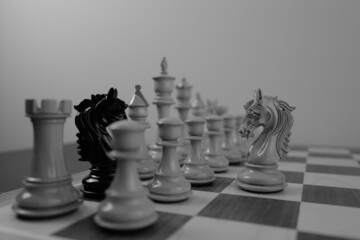 WOODEN CHESS PIECES AND BOARD IN MONOCHROMATIC THEME