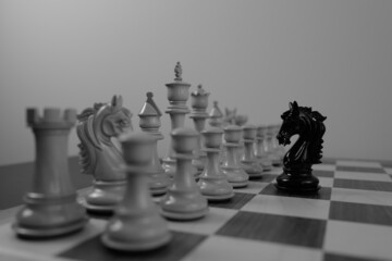 WOODEN CHESS PIECES AND BOARD IN MONOCHROMATIC THEME