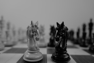WOODEN CHESS PIECES AND BOARD IN MONOCHROMATIC THEME